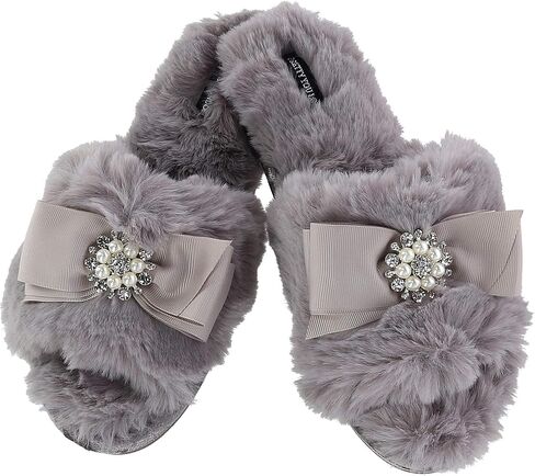London Faux Fur Bow Slippers with Rhinestones - Open Toe House Slides in Black (sizes Small to XLarge) in Saudi Arabia