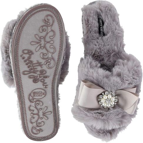 London Faux Fur Bow Slippers with Rhinestones - Open Toe House Slides in Black (sizes Small to XLarge) in Saudi Arabia