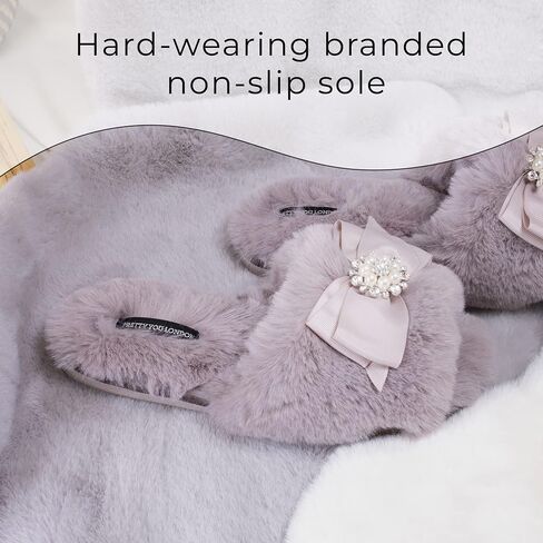 London Faux Fur Bow Slippers with Rhinestones - Open Toe House Slides in Black (sizes Small to XLarge) in Saudi Arabia