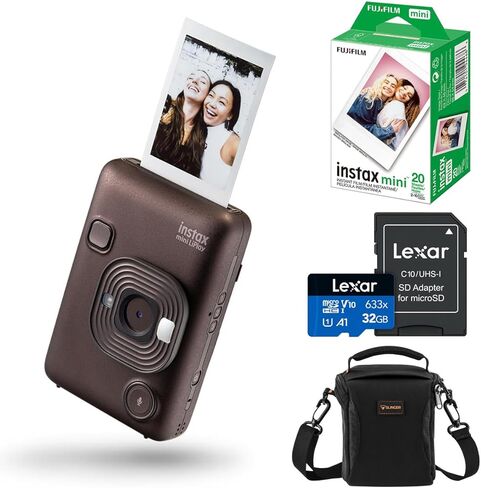 كاميرا Fujifilm Instax Mini LiPlay Hybrid الفورية، برونزية عميقة، حزمة مع 20 فيلم تعريض، بطاقة ذاكرة UHS-I microSDHC سعة 32 جيجابايت وحقيبة كتف (برونزية عميقة) in Saudi Arabia
