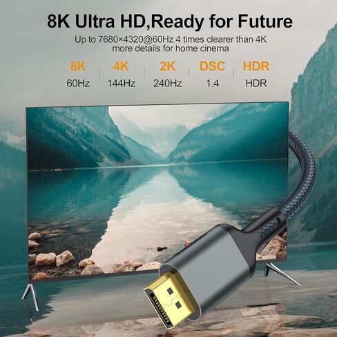 منفذ عرض إلى كابل منفذ العرض 5 حزم، كابل DisplayPort 1.4 8K، كابل DP إلى DP بطول 6.6FT، سلك عرض عالي السرعة (8K@60 هرتز، 4K@144 هرتز، 2K@240 هرتز) للشاشة، الكمبيوتر، سطح المكتب، الكمبيوتر المحمول، الكمبيوتر الشخصي in Kuwait