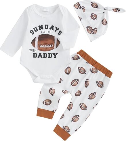 Baby Boys Fall Outfits Long Sleeve Crew Neck Letters Print Romper Football Print Sweatpants Hat 3Pcs Cute Clothes in Kuwait