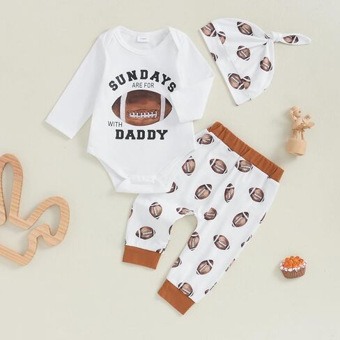 Baby Boys Fall Outfits Long Sleeve Crew Neck Letters Print Romper Football Print Sweatpants Hat 3Pcs Cute Clothes in Kuwait
