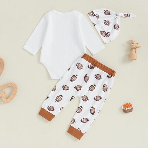 Baby Boys Fall Outfits Long Sleeve Crew Neck Letters Print Romper Football Print Sweatpants Hat 3Pcs Cute Clothes in Kuwait