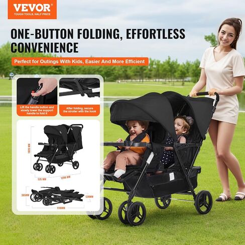 VEVOR Double Stroller, Foldable Lightweight Twin Stroller with Tandem Seating, Adjustable Backrest/Footrest, Wrap-Around Safety Harness, Storage Basket & Tray, for Newborn and Toddler (Dark Gray) in Saudi Arabia