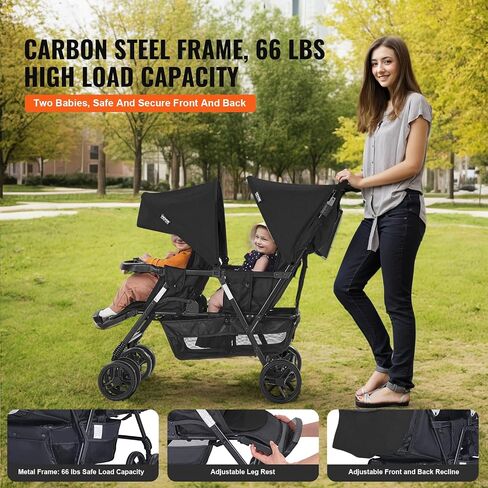 VEVOR Double Stroller, Foldable Lightweight Twin Stroller with Tandem Seating, Adjustable Backrest/Footrest, Wrap-Around Safety Harness, Storage Basket & Tray, for Newborn and Toddler (Dark Gray) in Saudi Arabia