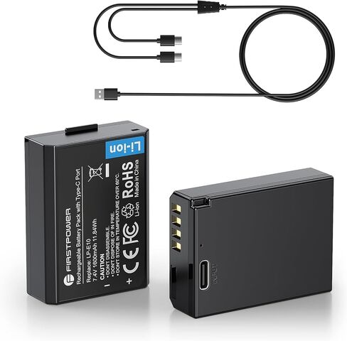 بطارية FirstPower LP-E10 بقدرة 1600 مللي أمبير في الساعة، عبوتان بديلتان مع منفذ شحن سريع USB-C متوافق مع Canon EOS Rebel T100، T7، T6، T5، T3، Kiss X50، Kiss X70، 1100D، 1200D، 1300D، 2000D، 4000D in Kuwait