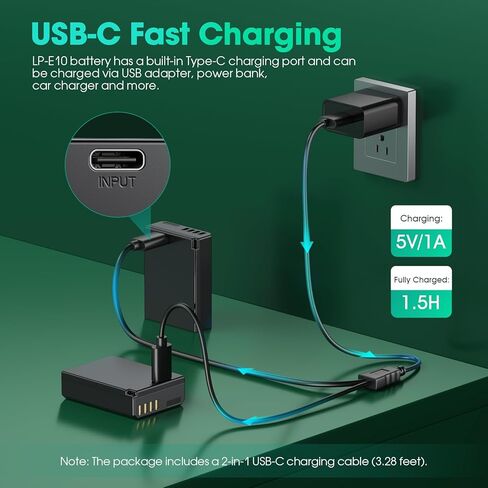بطارية FirstPower LP-E10 بقدرة 1600 مللي أمبير في الساعة، عبوتان بديلتان مع منفذ شحن سريع USB-C متوافق مع Canon EOS Rebel T100، T7، T6، T5، T3، Kiss X50، Kiss X70، 1100D، 1200D، 1300D، 2000D، 4000D in Kuwait