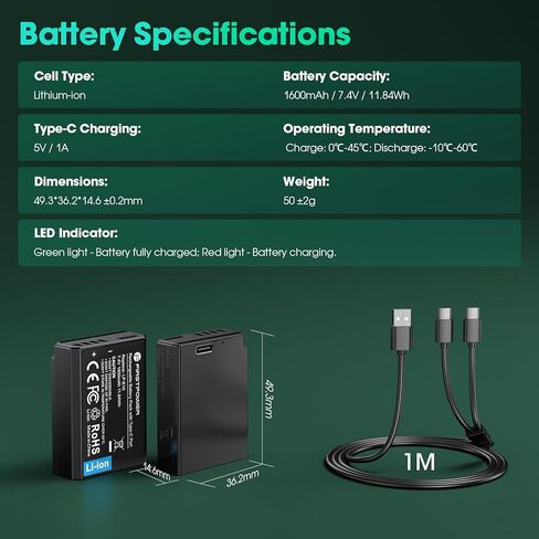 بطارية FirstPower LP-E10 بقدرة 1600 مللي أمبير في الساعة، عبوتان بديلتان مع منفذ شحن سريع USB-C متوافق مع Canon EOS Rebel T100، T7، T6، T5، T3، Kiss X50، Kiss X70، 1100D، 1200D، 1300D، 2000D، 4000D in Kuwait