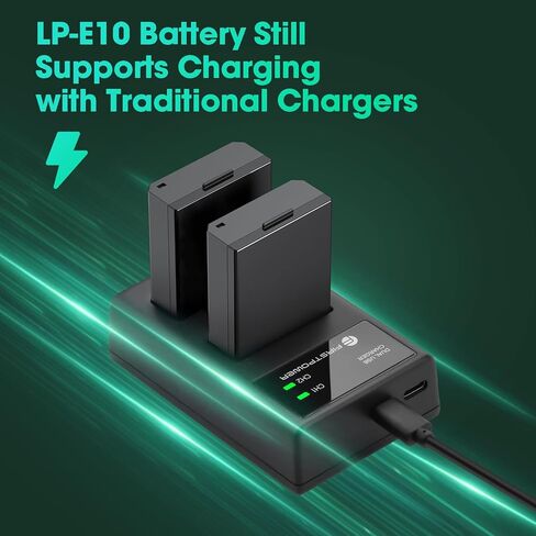 بطارية FirstPower LP-E10 بقدرة 1600 مللي أمبير في الساعة، عبوتان بديلتان مع منفذ شحن سريع USB-C متوافق مع Canon EOS Rebel T100، T7، T6، T5، T3، Kiss X50، Kiss X70، 1100D، 1200D، 1300D، 2000D، 4000D in Kuwait