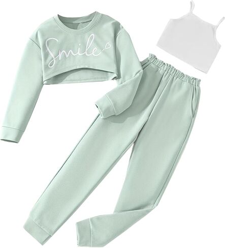 Hilinker Girls Long Sleeve 3 Piece Outfits Graphic Crop Tee and Cami Top with Pants Set in Kuwait