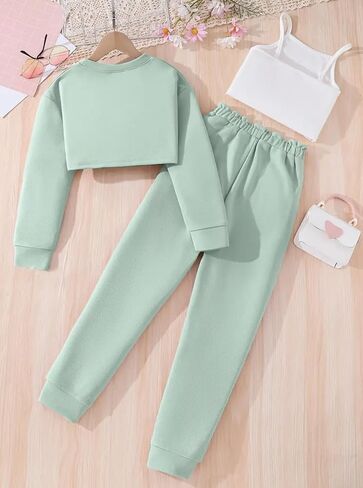Hilinker Girls Long Sleeve 3 Piece Outfits Graphic Crop Tee and Cami Top with Pants Set in Kuwait