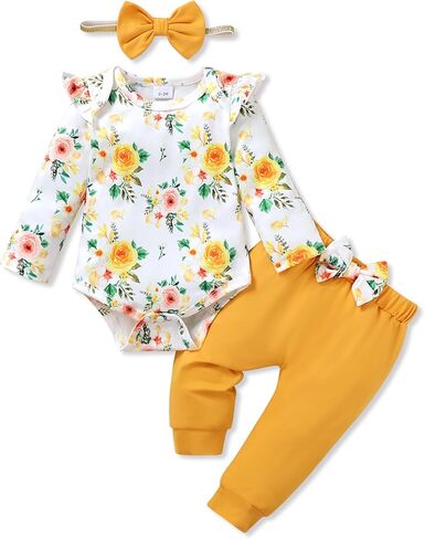 YALLET Baby Girl Clothes Newborn Infant Outfits Floral Romper+Pants+Headband Fall Baby Clothes for Girls 0 3 6 12 18 Months in Saudi Arabia