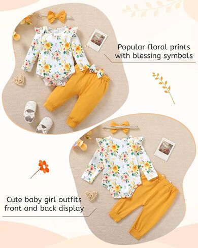 YALLET Baby Girl Clothes Newborn Infant Outfits Floral Romper+Pants+Headband Fall Baby Clothes for Girls 0 3 6 12 18 Months in Saudi Arabia