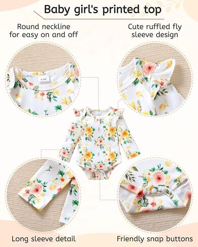 YALLET Baby Girl Clothes Newborn Infant Outfits Floral Romper+Pants+Headband Fall Baby Clothes for Girls 0 3 6 12 18 Months in Saudi Arabia