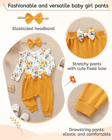 YALLET Baby Girl Clothes Newborn Infant Outfits Floral Romper+Pants+Headband Fall Baby Clothes for Girls 0 3 6 12 18 Months in Saudi Arabia