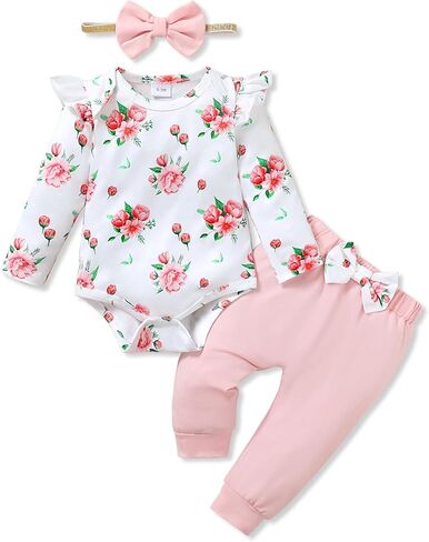 YALLET Baby Girl Clothes Newborn Infant Outfits Floral Romper+Pants+Headband Fall Baby Clothes for Girls 0 3 6 12 18 Months in Saudi Arabia
