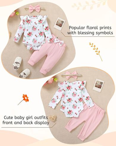 YALLET Baby Girl Clothes Newborn Infant Outfits Floral Romper+Pants+Headband Fall Baby Clothes for Girls 0 3 6 12 18 Months in Saudi Arabia