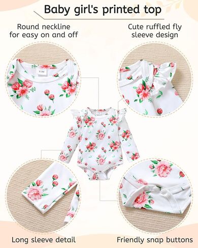 YALLET Baby Girl Clothes Newborn Infant Outfits Floral Romper+Pants+Headband Fall Baby Clothes for Girls 0 3 6 12 18 Months in Saudi Arabia