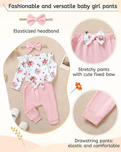 YALLET Baby Girl Clothes Newborn Infant Outfits Floral Romper+Pants+Headband Fall Baby Clothes for Girls 0 3 6 12 18 Months in Saudi Arabia