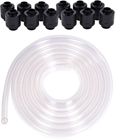 Alphacool Clear AlphaTube HF Flexible Tubing (3 Meter) and Eiszapfen G1/4" to 10mm ID, 13mm OD Compression Fittings Bundle, White, 12-Pack in Kuwait