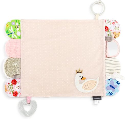 DEMDACO Mommy & Me ملون مقاس 17 × 11.5 بوصة، نسيج منسوج، حلقة تسنين، لمسية، مشبك لعربة الأطفال، بطانية للأنشطة، بطانية، وردي، بجعة in Saudi Arabia