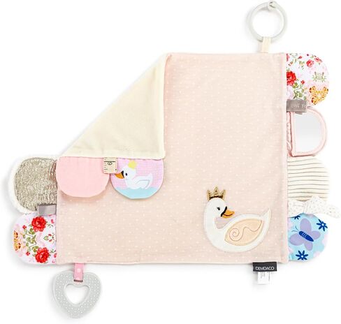 DEMDACO Mommy & Me ملون مقاس 17 × 11.5 بوصة، نسيج منسوج، حلقة تسنين، لمسية، مشبك لعربة الأطفال، بطانية للأنشطة، بطانية، وردي، بجعة in Saudi Arabia