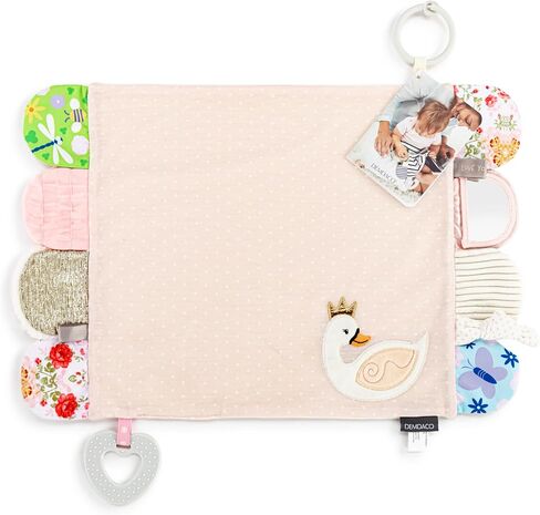 DEMDACO Mommy & Me ملون مقاس 17 × 11.5 بوصة، نسيج منسوج، حلقة تسنين، لمسية، مشبك لعربة الأطفال، بطانية للأنشطة، بطانية، وردي، بجعة in Saudi Arabia