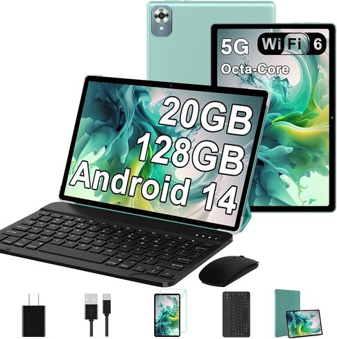 2024 Newest Android 14 Tablet with Keyboard 20GB+128GB+1TB Expand, 10.1 Inch Octa-Core 2-in-1 Tablets with HD IPS Display, 5G Wifi 6, 6000 mAh, Widevine L1, Split Screen,Face Unlock,Mouse,Case -Black in Saudi Arabia
