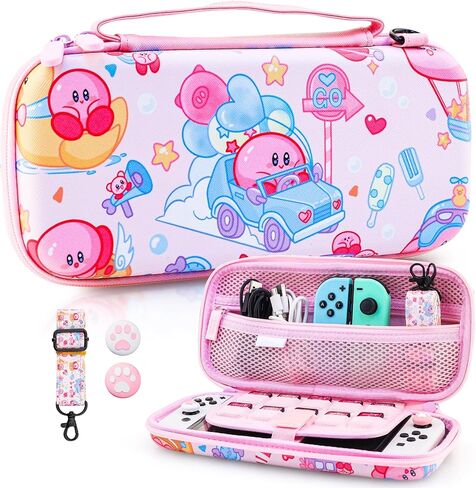 Fundiary لطيف لحقيبة حمل Kirby المتوافقة مع Nintendo Switch وSwitch OLED، حقيبة ملحقات تخزين السفر ذات الفقاعات الوردية لوحدة تحكم Switch، حافظة مع حزام كتف قابل للتعديل وغطاءين للإبهام in Kuwait