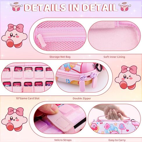 Fundiary لطيف لحقيبة حمل Kirby المتوافقة مع Nintendo Switch وSwitch OLED، حقيبة ملحقات تخزين السفر ذات الفقاعات الوردية لوحدة تحكم Switch، حافظة مع حزام كتف قابل للتعديل وغطاءين للإبهام in Kuwait