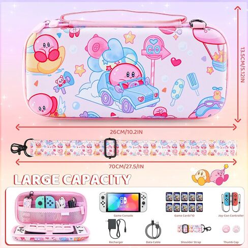 Fundiary لطيف لحقيبة حمل Kirby المتوافقة مع Nintendo Switch وSwitch OLED، حقيبة ملحقات تخزين السفر ذات الفقاعات الوردية لوحدة تحكم Switch، حافظة مع حزام كتف قابل للتعديل وغطاءين للإبهام in Kuwait