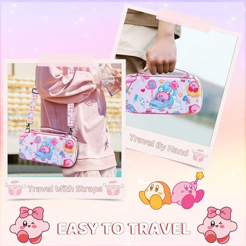 Fundiary لطيف لحقيبة حمل Kirby المتوافقة مع Nintendo Switch وSwitch OLED، حقيبة ملحقات تخزين السفر ذات الفقاعات الوردية لوحدة تحكم Switch، حافظة مع حزام كتف قابل للتعديل وغطاءين للإبهام in Kuwait