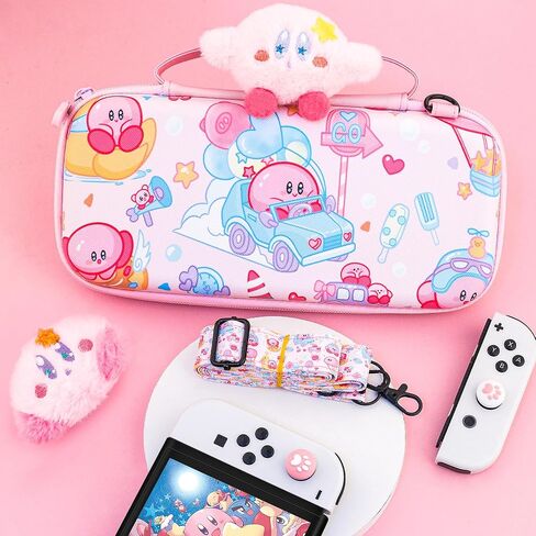 Fundiary لطيف لحقيبة حمل Kirby المتوافقة مع Nintendo Switch وSwitch OLED، حقيبة ملحقات تخزين السفر ذات الفقاعات الوردية لوحدة تحكم Switch، حافظة مع حزام كتف قابل للتعديل وغطاءين للإبهام in Kuwait