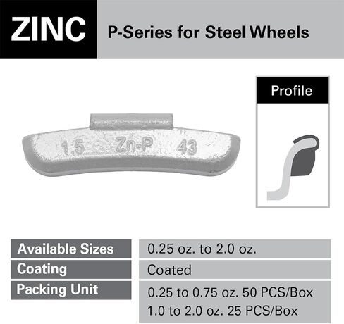 CKAuto P Style Zinc Clip on Wheel Weights 2.0oz, Coated, 25Pcs/Box Fit for Steel Wheel in Kuwait