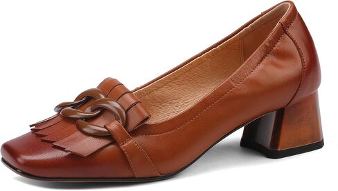 Women's Genuine Leather Square Toe Chunky Heel Retro Loafers Shoes with Chain Handmade Tassels Pumps Shoes in Saudi Arabia