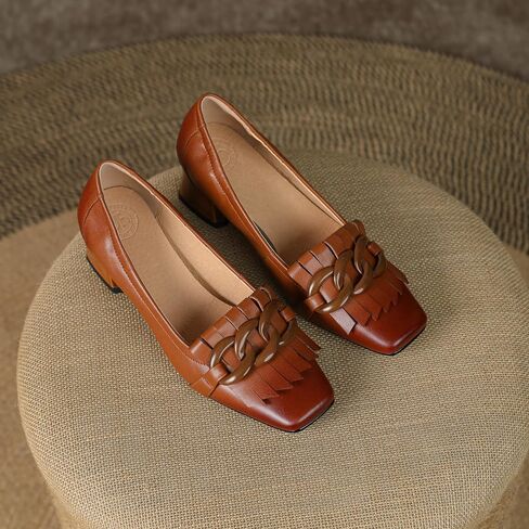 Women's Genuine Leather Square Toe Chunky Heel Retro Loafers Shoes with Chain Handmade Tassels Pumps Shoes in Saudi Arabia