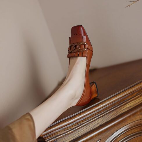 Women's Genuine Leather Square Toe Chunky Heel Retro Loafers Shoes with Chain Handmade Tassels Pumps Shoes in Saudi Arabia