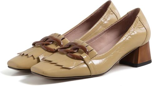 Women's Genuine Leather Square Toe Chunky Heel Retro Loafers Shoes with Chain Handmade Tassels Pumps Shoes in Saudi Arabia