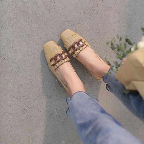 Women's Genuine Leather Square Toe Chunky Heel Retro Loafers Shoes with Chain Handmade Tassels Pumps Shoes in Saudi Arabia