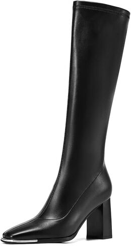 أحذية طويلة للركبة للنساء أحذية طويلة قابلة للتمدد بمقدمة مربعة أحذية Go Go بكعب كتلة وقابلة للتمدد أحذية طويلة سوداء للركبة مع سحاب أسود غير لامع 11 in Kuwait