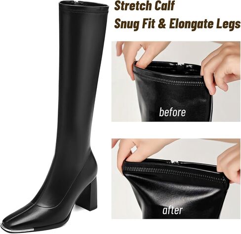 أحذية طويلة للركبة للنساء أحذية طويلة قابلة للتمدد بمقدمة مربعة أحذية Go Go بكعب كتلة وقابلة للتمدد أحذية طويلة سوداء للركبة مع سحاب أسود غير لامع 11 in Kuwait