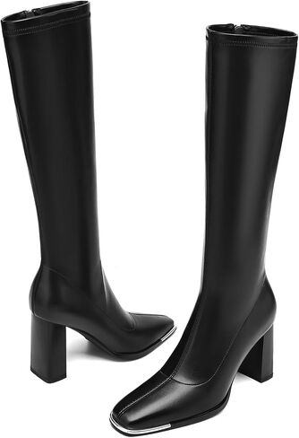 أحذية طويلة للركبة للنساء أحذية طويلة قابلة للتمدد بمقدمة مربعة أحذية Go Go بكعب كتلة وقابلة للتمدد أحذية طويلة سوداء للركبة مع سحاب أسود غير لامع 11 in Kuwait