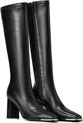 أحذية طويلة للركبة للنساء أحذية طويلة قابلة للتمدد بمقدمة مربعة أحذية Go Go بكعب كتلة وقابلة للتمدد أحذية طويلة سوداء للركبة مع سحاب أسود غير لامع 11 in Kuwait