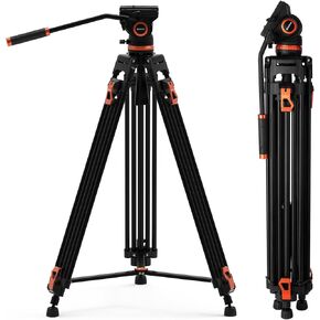 GEEKOTO Video Tripod System, 72 inches Heavy Duty Tripod, Professional Aluminum Twin Tube Tripod, K3 Fluid Head, Mid-Level Spreader, Max Loading 33 LB, 360 Degree Fluid Head for DSLR Camcorder Camera