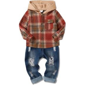 ZOEREA Toddler Baby Boys Clothes Outfits Kids Hoodie Flannel Shirts Set Plaid Hooded Tops +Jeans Pants Fall Winter 2-6T