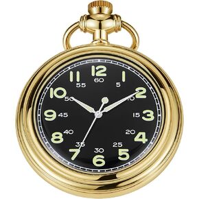 Uncovered Gold Black Mechanical Pocket Watch, Arabic Numeral Dial Men's Mechanical Pocket Watch, Mechanical Pocket Watch Thin Back Cover and Chain