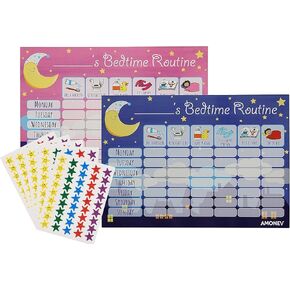 Amonev Bedtime Routine Chart Reward Chart for Sleep Training Twin Pack Chart for Boys Girls Toddlers and Young Children with 225 Star Stickers Included