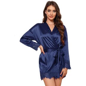 أرواب نسائية من الحرير الساتان خفيف الوزن للنساء بأكمام طويلة مع حواف من الدانتيل S-XXL