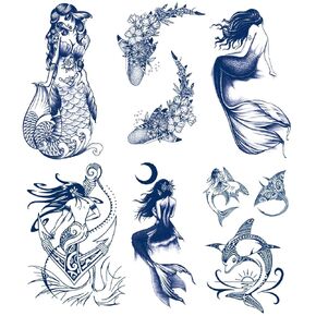 Semi Permanent Mermaid Tattoos, 6-Sheet 100% Plant-Based Ink Infinity Fake Shark Tattoo Stickers, 2 Weeks Long Last Waterproof Tattoos for Adults Men Women Girls Kids
